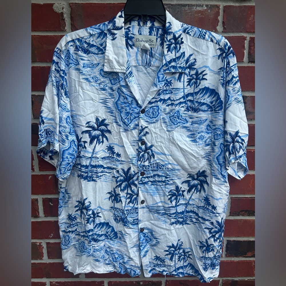 Vintage Bishop St. Apparel Blue & White Hawaiian Islands XXL Shirt USA Made E1